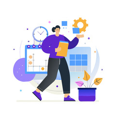 Young adult female in casual business attire walking with documents and management tools in a modern office setting.