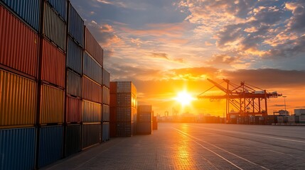 Shipping containers stacked at a port with a beautiful sunset in the background creating an industrial atmosphere : Generative AI