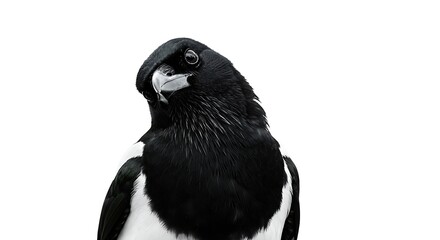 Fototapeta premium A black and white magpie tilting its head curiously, contrasting sharply with the white background