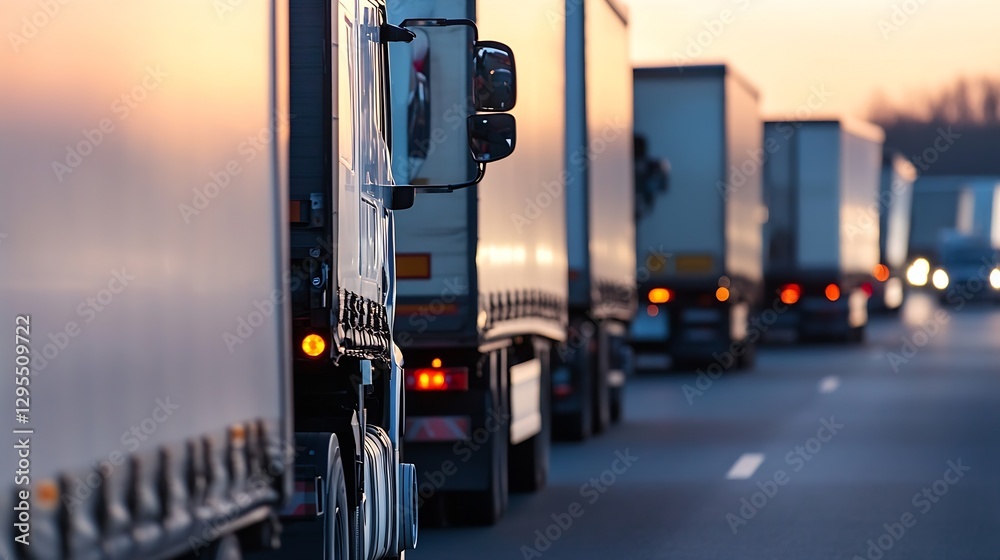 Poster long line of trucks parked on a highway during sunset creating a stunning transport scene : generati