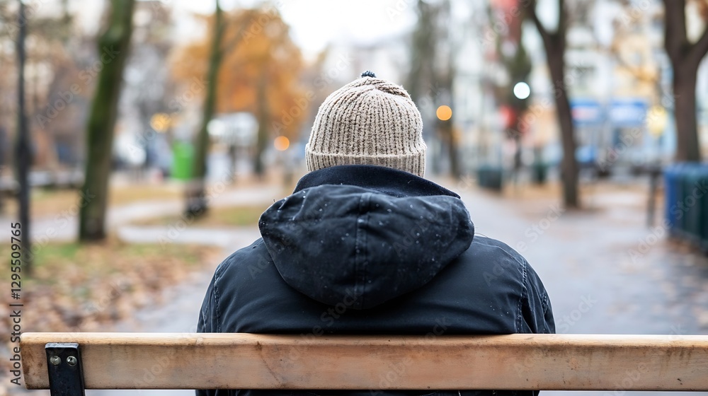Poster view from behind of a person wearing a cozy hat sitting on a park bench in autumn weather : generati
