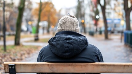 View from behind of a person wearing a cozy hat sitting on a park bench in autumn weather : Generative AI