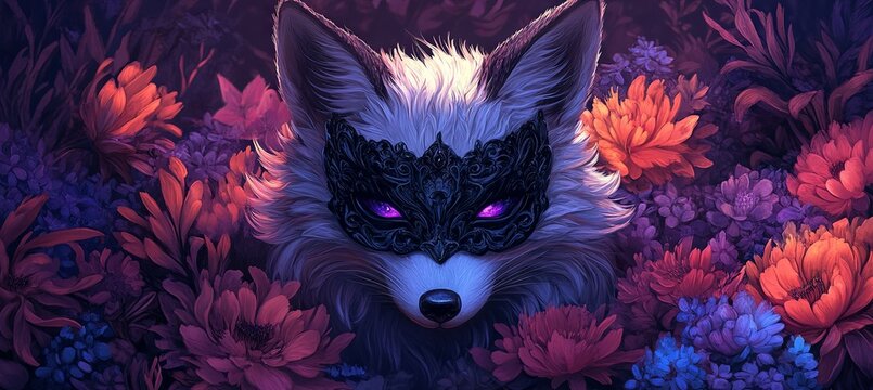A fantasy-themed fox sporting a black masquerade mask, surrounded by vibrant flowers, with a purple backdrop, exuding a playful and enigmatic atmosphere