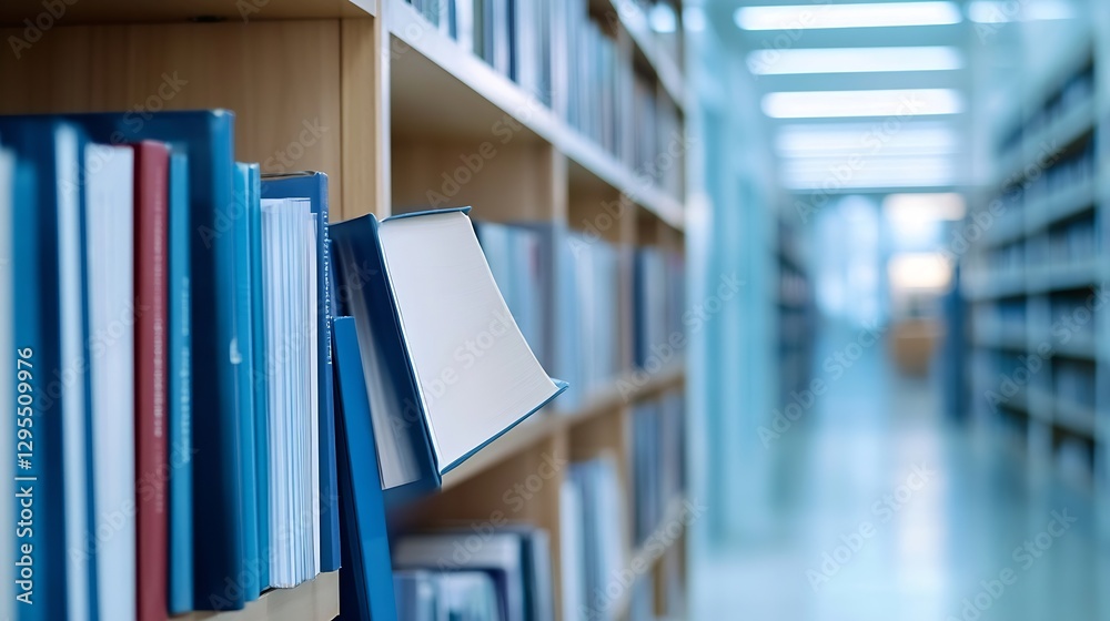 Poster academic library interior with bookshelves and empty study area highlighting educational resources :