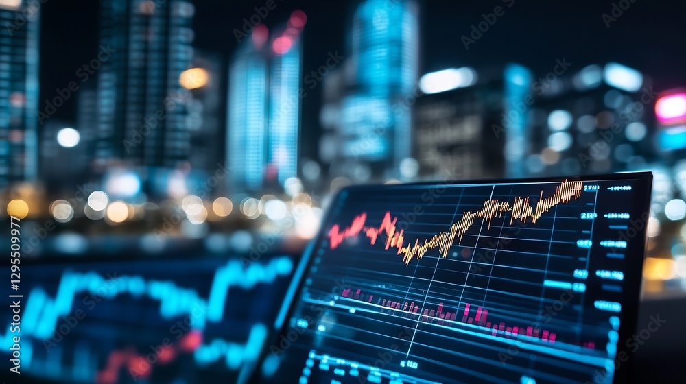Leinwandbilder Dynamic Financial Chart Display on a Digital Tablet Showcasing Trends with City Lights in the Background : Generative AI