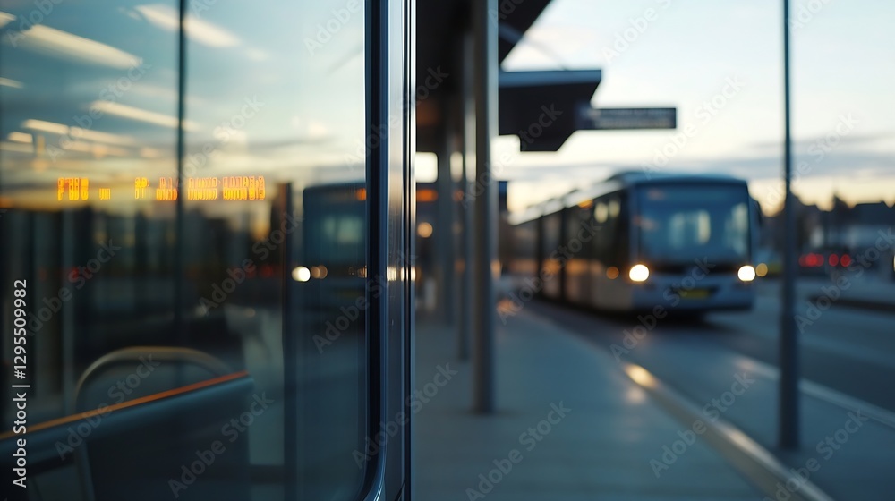Poster city bus station at dusk showing a bus arrival against a backdrop of urban life and transportation :