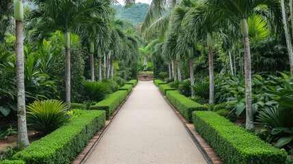 A pathway with a mix of tropical plants and neatly cut hedges.