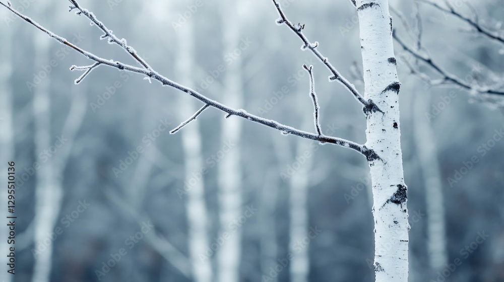 Poster Frosted Birch Tree Branches Against a Soft Focus Wintry Background : Generative AI