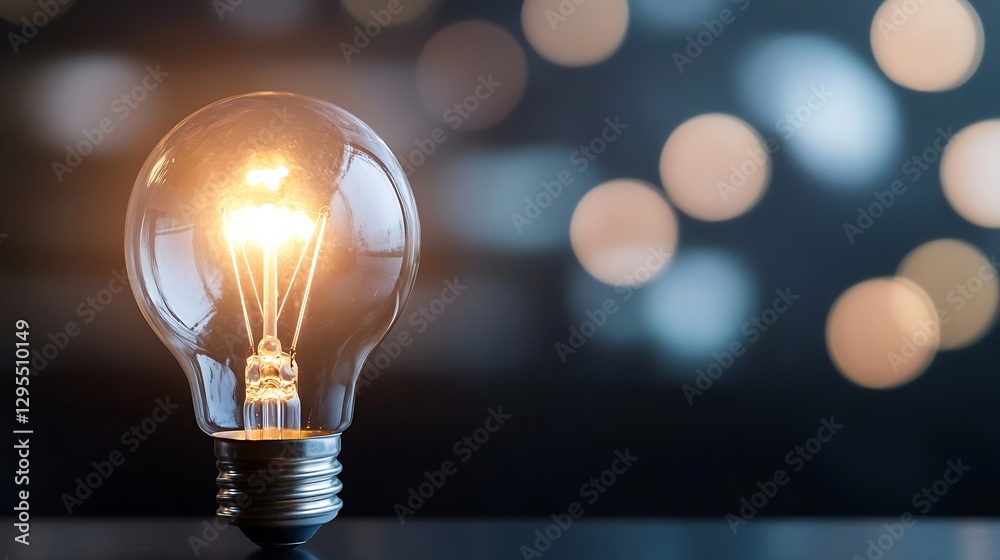 Poster bright light bulb glowing against a blurred background of warm bokeh lights : generative ai