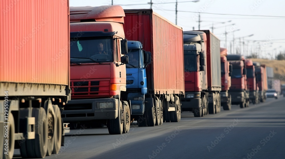 Poster line of big cargo trucks on a highway transporting goods in a busy urban setting during the day : ge