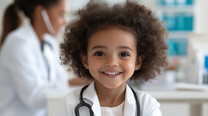 Happy young girl with curly hair wearing doctor's coat and stethoscope in a medical office background, smiling at the camera with confidence