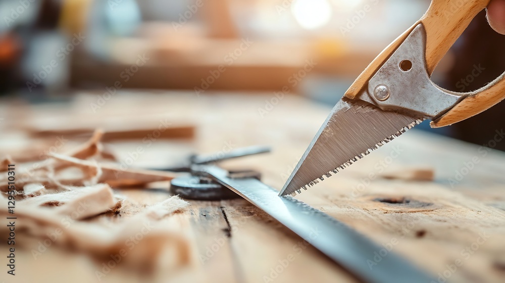 Poster Hand using a saw on wooden material showing craftsmanship and focus in a carpentry workshop setting : Generative AI