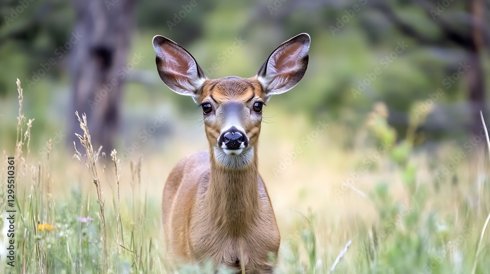 Poster curious young deer standing amidst a natural grassy setting on a sunny day : generative ai