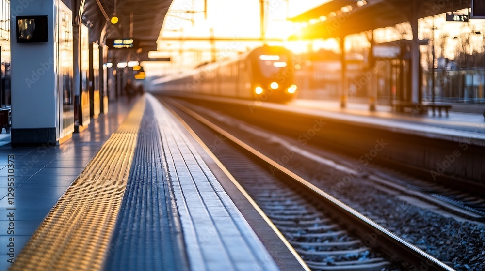 Poster golden hour glow at train station with train approaching and sunlight streaming through : generative