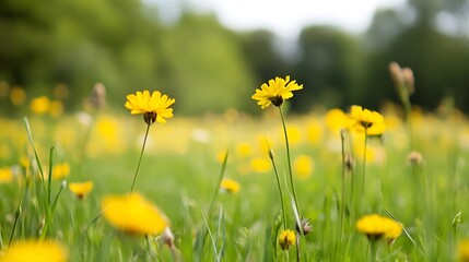 Fototapeta premium Vibrant field of yellow wildflowers blooming in lush green grass under clear sunny sky bringing joy and beauty : Generative AI