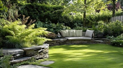 Naklejka premium A peaceful backyard space with a sitting area surrounded by layered greenery.