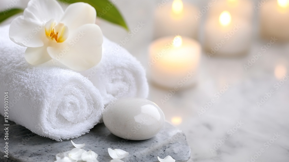 Poster spa relaxation with soft white towels and a beautiful orchid on a serene marble background : generat