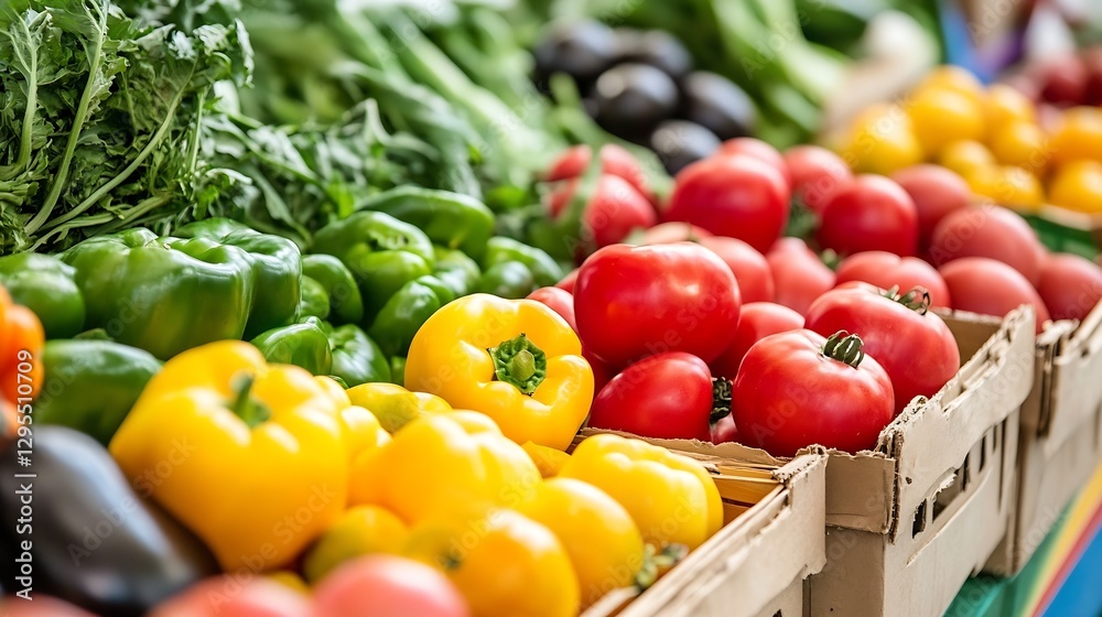 Poster freshly harvested vegetables displayed at local market with colorful produce in baskets : generative