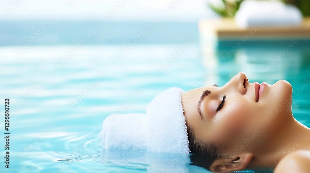 Poster young woman enjoying a spa day relaxing in a pool with a towel on her head : generative ai