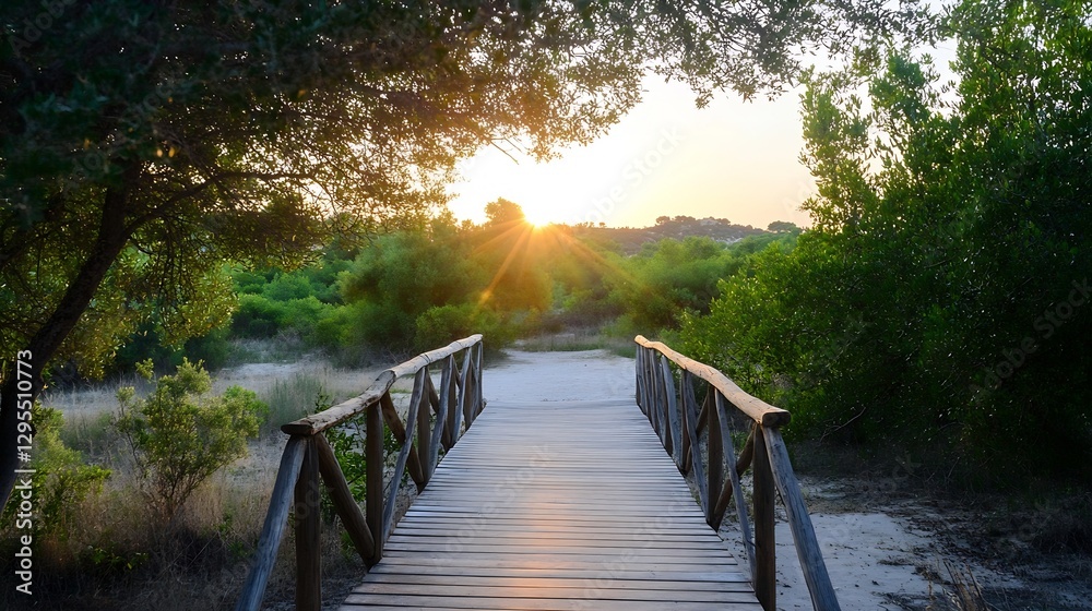Poster wooden footbridge in a serene natural setting illuminated by sunlight creating a peaceful pathway in