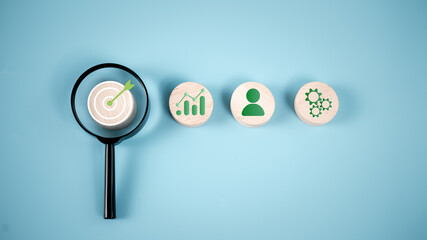 Goal and target, Business goals and objective concepts, Success and business target concept, Project management, Company strategy, Magnifying glass focus to target objective with icon action plan.