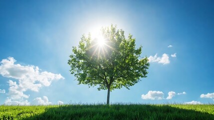 Fototapeta premium Beautiful Green Tree Under a Bright Sunlight Against a Clear Blue Sky in Nature : Generative AI