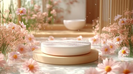 Serene Spa Display Minimalist Wooden and White Product Podium with Pink Flowers and Water