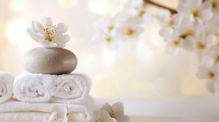 Obraz premium Relaxing Spa Setting with White Towels Stones and Cherry Blossom for Serenity and Wellness : Generative AI