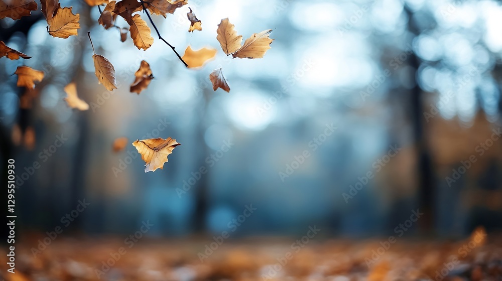 Poster Beautiful autumn scene with falling leaves and a soft blurred background in a serene forest : Generative AI