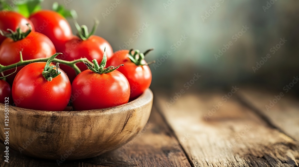 Aufkleber fresh and juicy tomatoes in a rustic wooden bowl on a farm table : generative ai