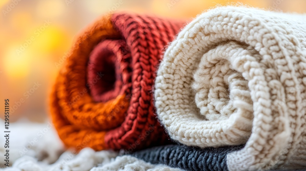 Poster Cozy Rolled Knitted Throws in Warm Earth Tones on Soft Fabric Background with Beautiful Bokeh : Generative AI