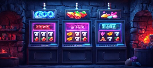 Jackpot slot machine display showing winnings. Concept: the thrill and risks of gaming, highlighting dangerous hobbies and the illicit online casino industry.