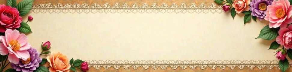 Old style banner with floral ribbon and lace details, embroidery, decorative, lace