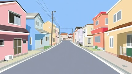 Obraz premium Colorful houses, quiet street, sunny day, suburban neighborhood; ideal for real estate