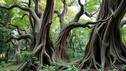 Ancient tree trunks rise from the underbrush, their gnarled branches tangled, vines,