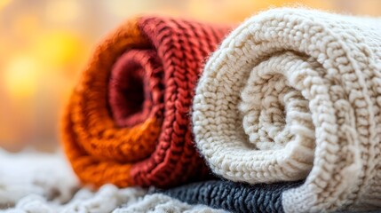 Cozy Rolled Knitted Throws in Warm Earth Tones on Soft Fabric Background with Beautiful Bokeh : Generative AI