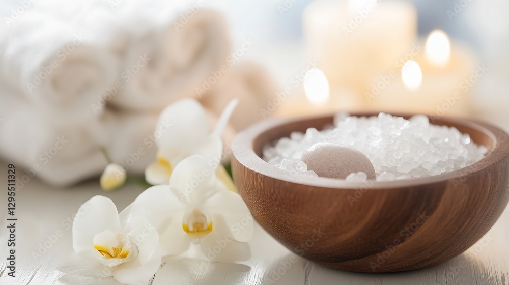 Poster luxurious spa setting with orchid, towel, and spa salt for relaxation and pampering : generative ai