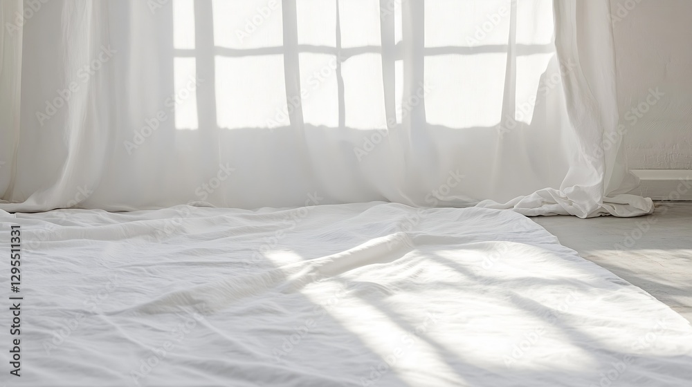 Poster sunlit cozy room with sheer white curtains on the floor and soft light : generative ai
