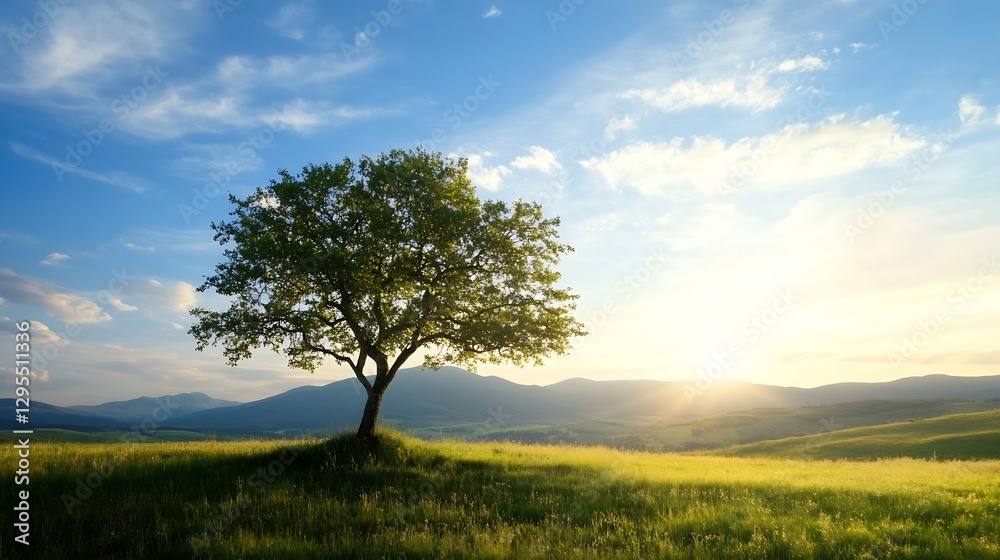 Poster lone tree standing majestically in an open field during a picturesque sunset enhancing natural beaut