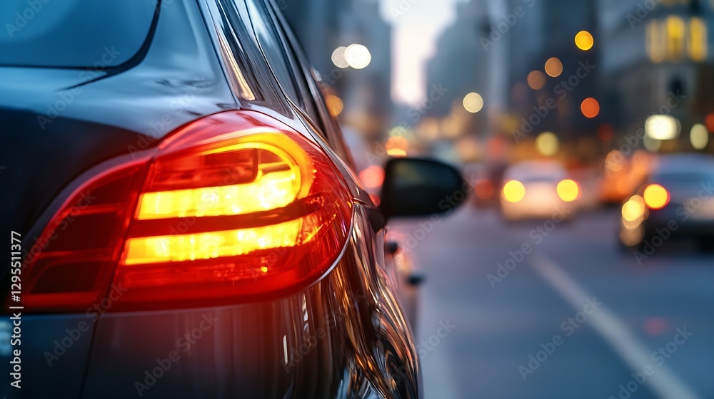 Poster rear view of a sleek black car with illuminated tail light in urban traffic scene : generative ai