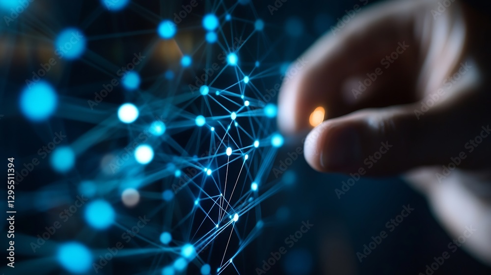 Poster innovative hand reaching toward digital connections in a blue network of data and technology : gener