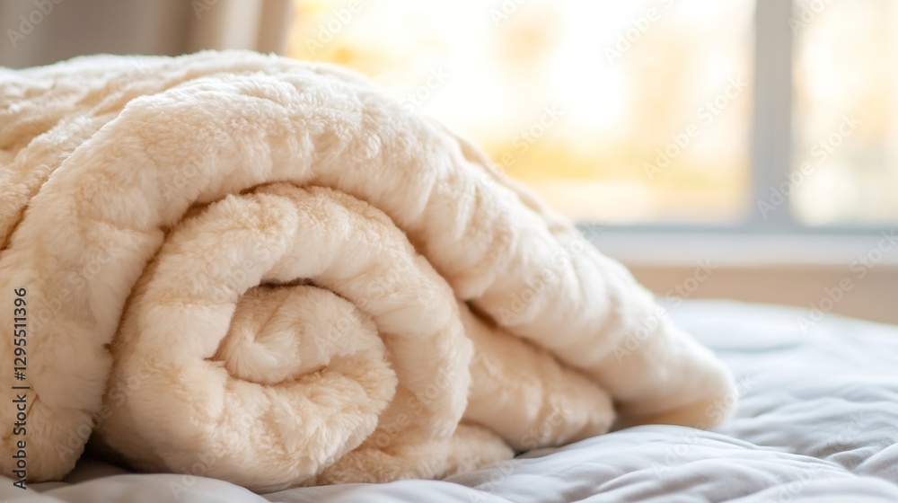 Aufkleber cozy rolled cream colored blanket placed on a soft bed with natural sunlight streaming through the w