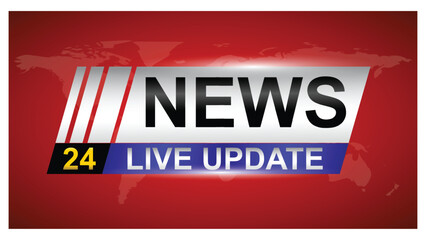 Set illustration of digital news banner with a red background and bold text displaying "NEWS 24 LIVE UPDATE," designed for breaking news broadcasts, media reports, and journalism-related content.