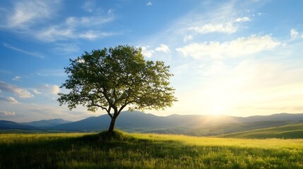 Fototapeta premium Lone tree standing majestically in an open field during a picturesque sunset enhancing natural beauty : Generative AI