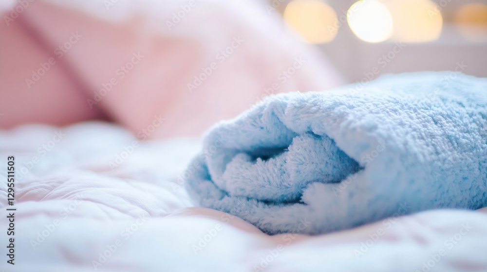 Poster soft blue towel rolled up on a cozy bed with gentle bokeh background : generative ai