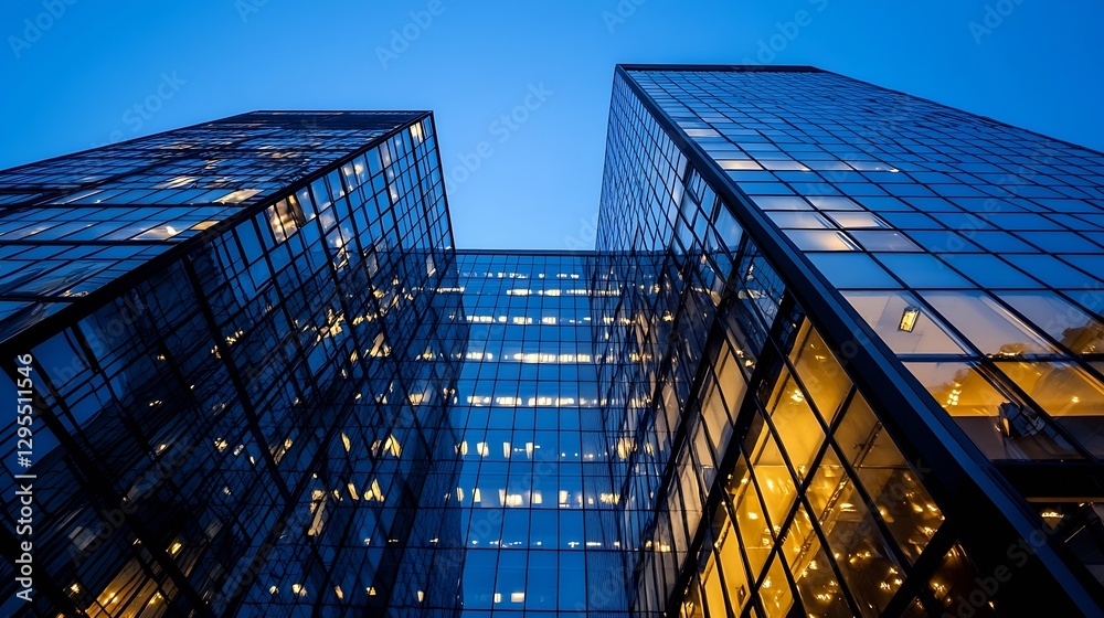 Aufkleber modern glass skyscrapers glowing under the dusk sky with warm ambient light and illuminated windows 