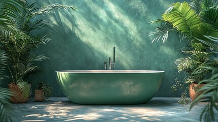 luxury green bathtube on the tropical jungle background banner 