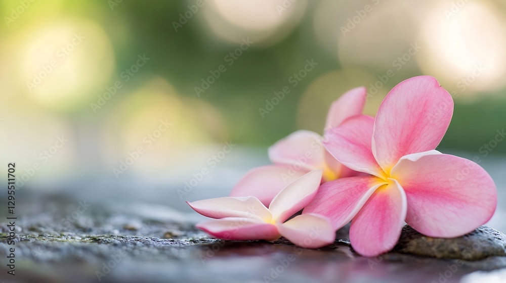 Poster Beautiful pink frangipani flowers resting on a stone surface with a soft blurred background : Generative AI