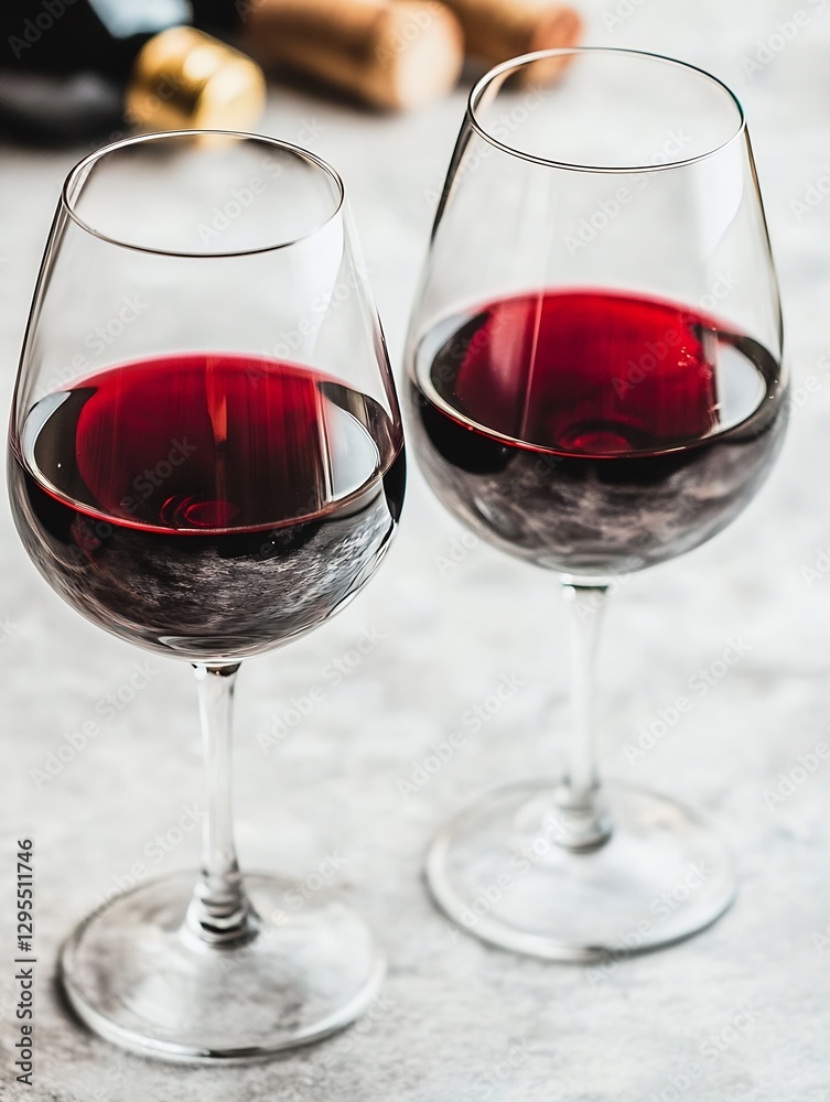 Poster Elegant glasses filled with rich red wine placed on a rustic marble surface ideal for a dinner setting : Generative AI