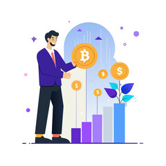 A male professional in a business suit holds a Bitcoin coin, surrounded by growing dollar coins, illustrating cryptocurrency investment growth.